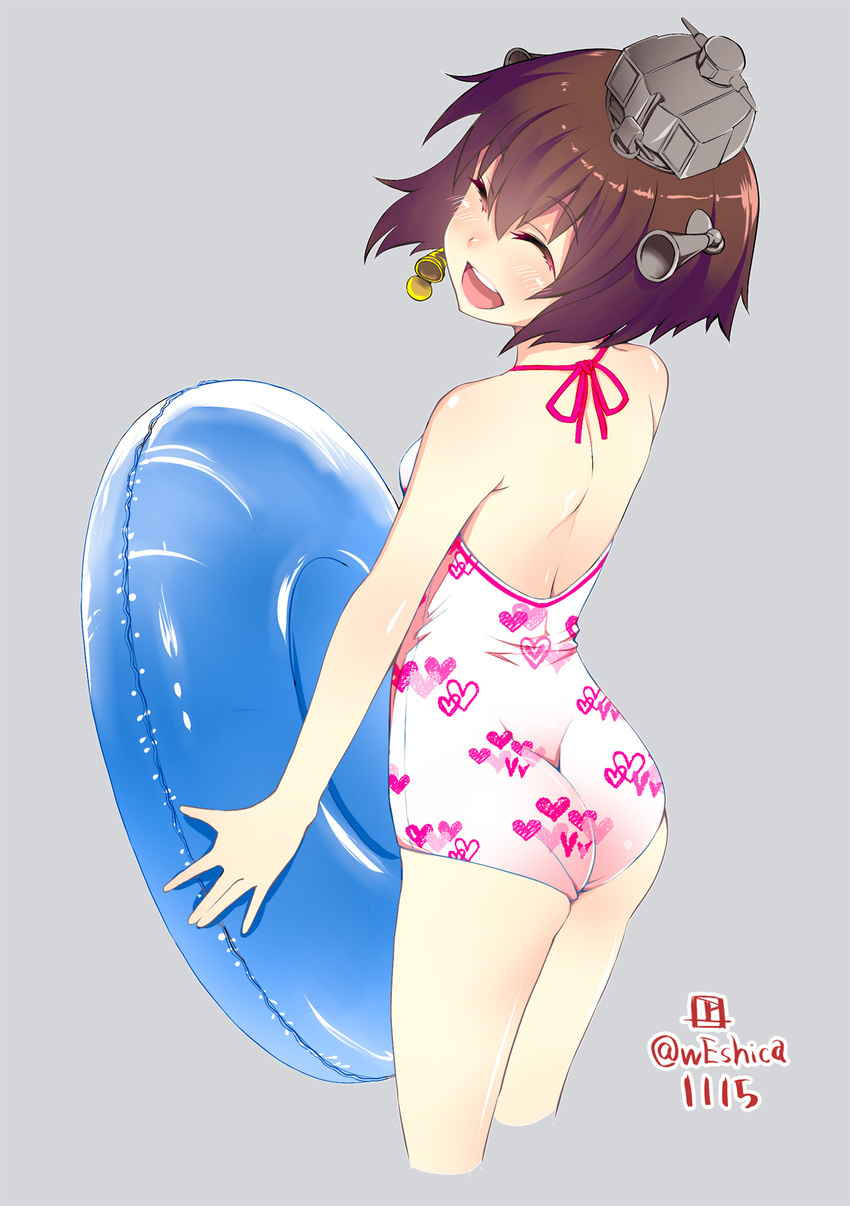 :d ^_^ alternate_costume ass bare_shoulders blush brown_hair closed_eyes commentary_request cowboy_shot cropped_legs dated eyebrows_visible_through_hair grey_background headgear heart heart_print highres innertube kantai_collection one-piece_swimsuit open_mouth round_teeth short_hair simple_background smile solo standing swimsuit teeth twitter_username upper_teeth weshika yukikaze_(kantai_collection)