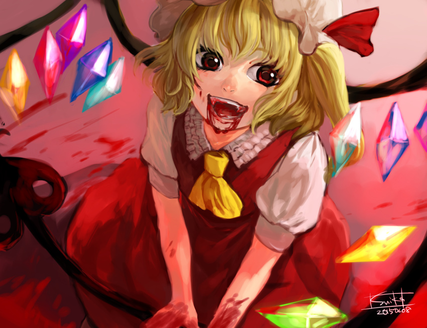 ascot blonde_hair blood blood_in_mouth blood_on_face crystal dated fangs flandre_scarlet gradient gradient_background hat hat_ribbon itirirenn laevatein looking_at_viewer mob_cap open_mouth puffy_sleeves red_background red_eyes ribbon shirt short_hair short_sleeves side_ponytail signature skirt skirt_set smile solo touhou vest wings