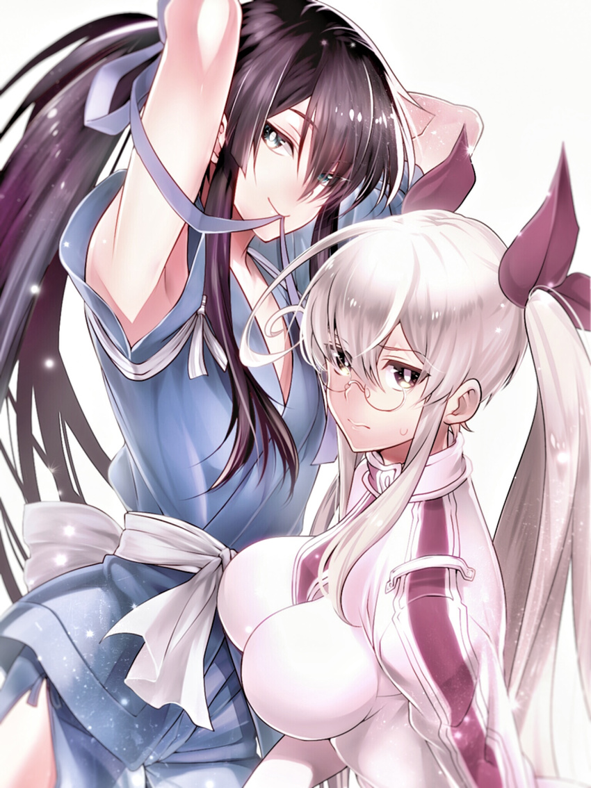 1girl androgynous armpit_peek armpits blue_eyes bow breasts closed_mouth commentary_request drifters eyebrows_visible_through_hair fujiwara_riyu glasses hair_bow hair_ribbon highres japanese_clothes jitome large_breasts long_hair looking_at_viewer nasu_no_yoichi olmine ponytail ribbon smile tied_hair tsurime twintails white_hair