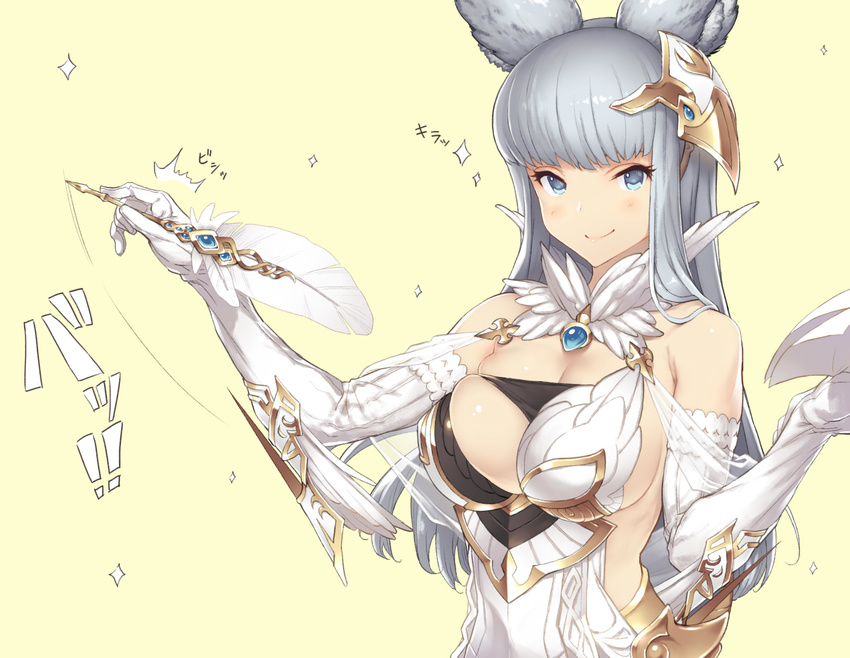 animal_ears blue_eyes breasts cleavage dress elbow_gloves erune gloves granblue_fantasy headpiece highres korwa large_breasts looking_at_viewer quill silver_hair simple_background skindentation smile solo sparkle white_dress white_gloves yellow_background yn_red