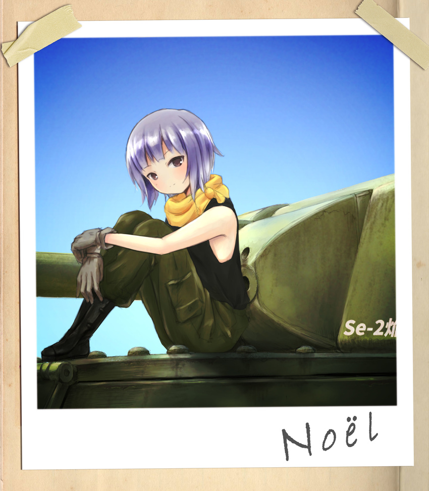 absurdres black_tank_top blue_sky boots brown_eyes character_name commentary_request gloves ground_vehicle hands_on_legs highres kannagi_noel military military_uniform military_vehicle motor_vehicle mysmys on_vehicle photo_(object) scarf short_hair silver_hair sitting sky solo sora_no_woto tank tank_top tape uniform wooden_wall