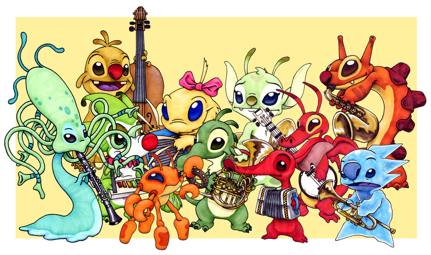 2005 accordion alien band banjo bonnie_(lilo_and_stitch) border cello clarinet clip_(lilo_and_stitch) disney elastico experiment_(species) felix_(lilo_and_stitch) finder_(lilo_and_stitch) french_horn group lilo_and_stitch melty_(lilo_and_stitch) mixed_media musical_instrument open_mouth open_smile reuben ribera saxophone shortstuff simple_background slushy_(lilo_and_stitch) smile tambourine traditional_media_(artwork) trumpet tuba washboard watermark white_border xylophone yang_(lilo_and_stitch) yin_(lilo_and_stitch)