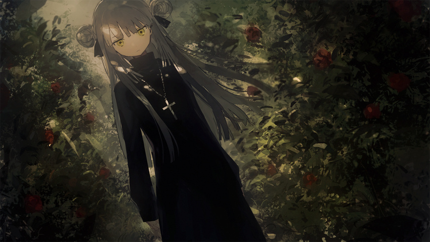 bad_id bad_pixiv_id bangs black_dress blonde_hair blunt_bangs closed_mouth cross cross_necklace double_bun dress dutch_angle flower grass highres hirota_tsuu jewelry jitome long_hair long_sleeves looking_at_viewer necklace original solo standing yellow_eyes