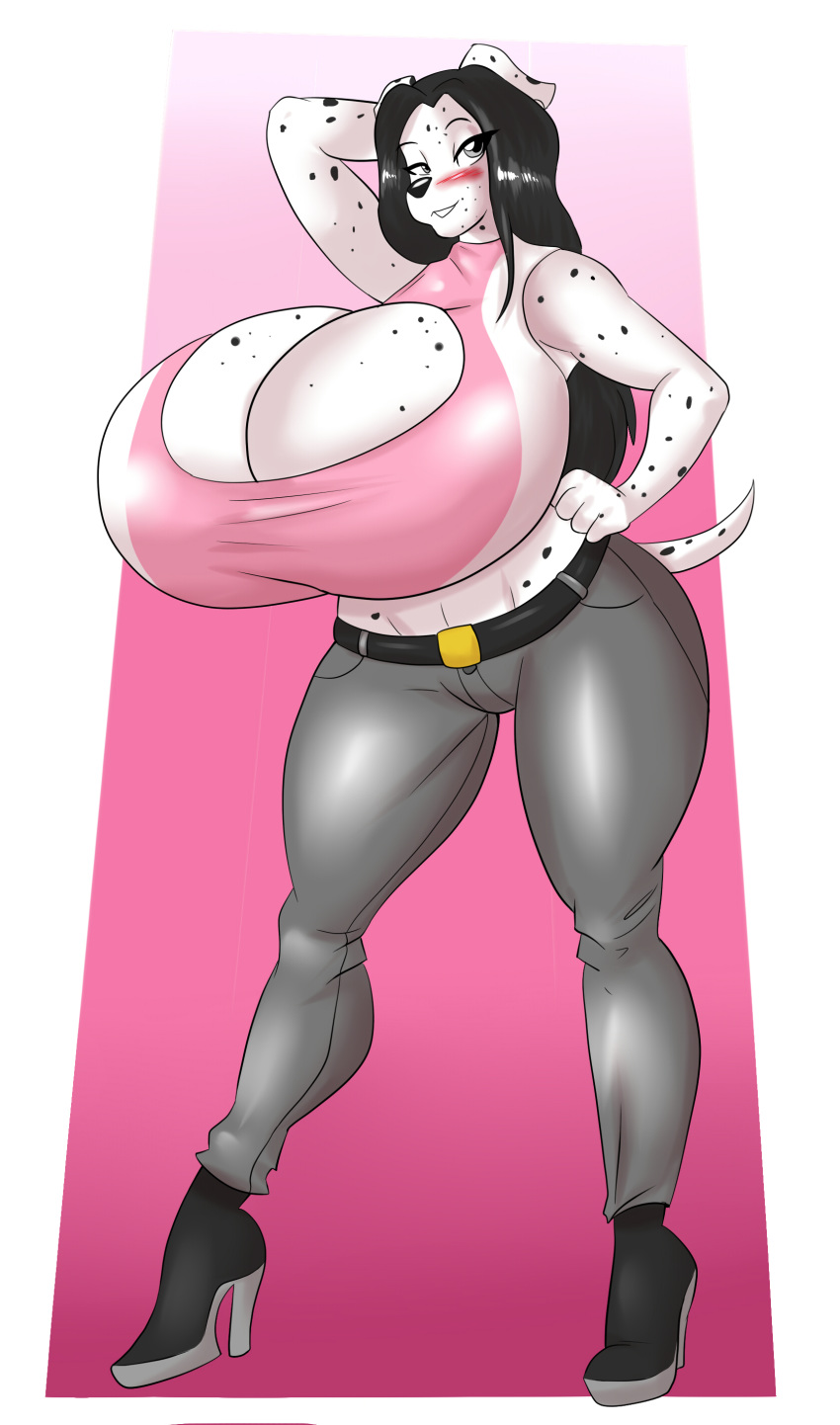 2019 absurd_res anthro big_breasts black_nose blush breasts bridget_malcolm_(lildredre) canine cleavage cleavage_cutout clothed clothing dalmatian digital_media_(artwork) dog eyebrows female footwear fur grey_eyes hair hi_res high_heels huge_breasts hyper hyper_breasts keyhole_turtleneck mammal marauder6272 shoes simple_background smile solo spots spotted_fur sweater thick_thighs white_fur wide_hips