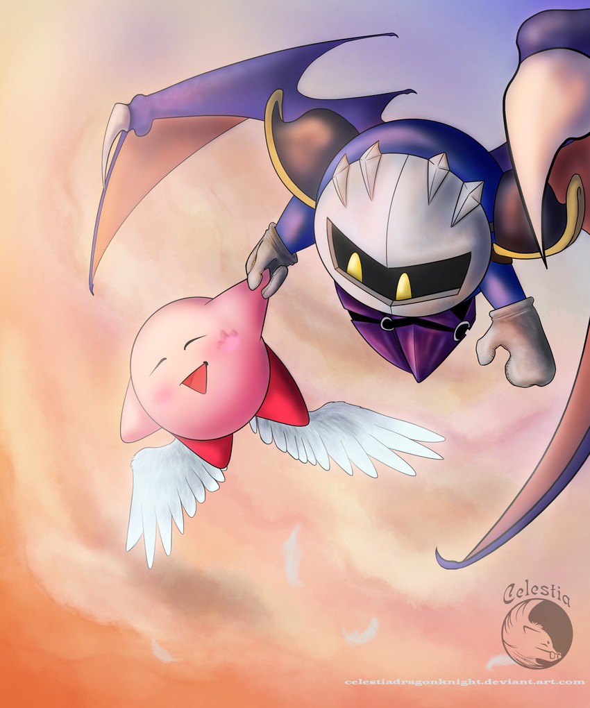 ambiguous_gender armor bat_wings boots celestiadragonknight clothing cloud eyes_closed feathered_wings feathers footwear kirby kirby_(series) mask membranous_wings meta_knight mittens nintendo open_mouth open_smile pauldron smile video_games white_feathers wings yellow_eyes