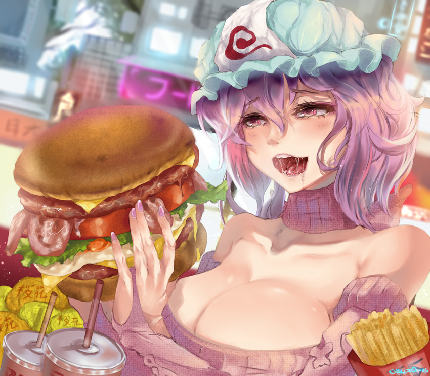 alternate_costume artist_name bacon bare_shoulders blizzomos blurry blush breasts cheese cleavage collarbone commentary contemporary depth_of_field detached_sleeves food french_fries hair_between_eyes hamburger hat highres holding holding_food large_breasts lettuce mob_cap nail_polish open_mouth pink_eyes pink_hair pink_nails pink_scarf ribbed_sweater saigyouji_yuyuko saliva scarf soda solo sweater tomato touhou triangular_headpiece upper_body