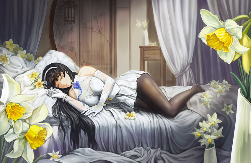 bad_id bad_pixiv_id bangs bed bed_sheet black_hair black_legwear breasts buckle cleavage closed_eyes curtains daffodil elbow_gloves f_and_d flower flower_pot girls_frontline gloves hairband indoors large_breasts long_hair lying no_shoes on_side pillow pleated_skirt qbz-95_(girls_frontline) ribbon see-through skirt sleeping solo star table vase white_gloves white_skirt