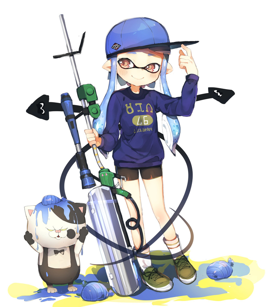 arm_up baseball_cap bike_shorts blue_hair brown_eyes cat domino_mask hand_on_headwear hat highres inkling jajji-kun_(splatoon) long_hair mask pointy_ears shirt shoes short_hair_with_long_locks shorts sidelocks smile socks splatoon_(series) sprbouuz tentacle_hair water_balloon weapon