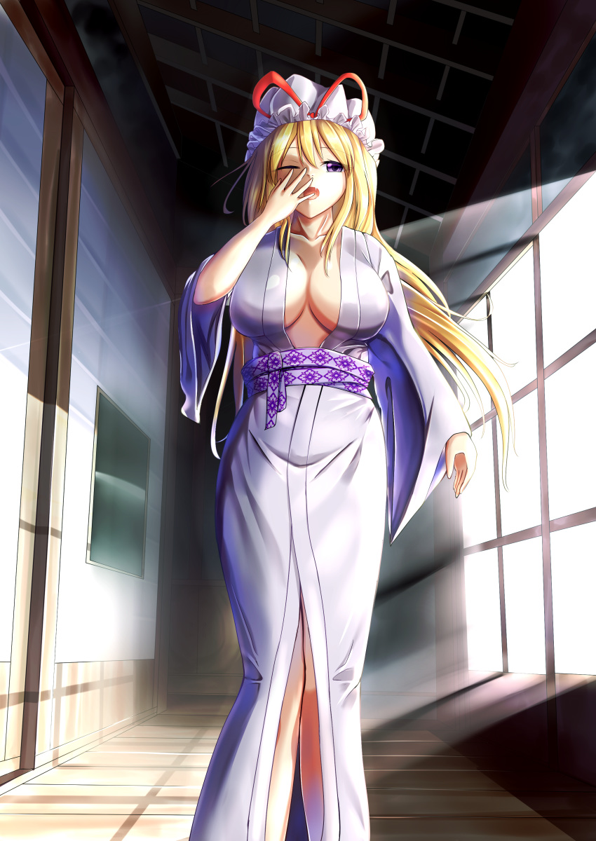 1girl absurdres alternate_costume bangs belly blonde_hair breasts cleavage collarbone commentary_request dark eyebrows_visible_through_hair eyes_visible_through_hair hair_between_eyes hallway hat hat_ribbon highres huge_breasts imai_kusu indoors japanese_clothes kimono lavender_kimono light_rays long_hair long_sleeves looking_at_viewer mob_cap morning obi one_eye_closed open_clothes open_kimono purple_sash ribbon sash shiny shiny_hair shiny_skin sliding_doors solo sunlight touhou very_long_hair waking_up walking wide_sleeves window_shade wooden_floor yakumo_yukari yawning
