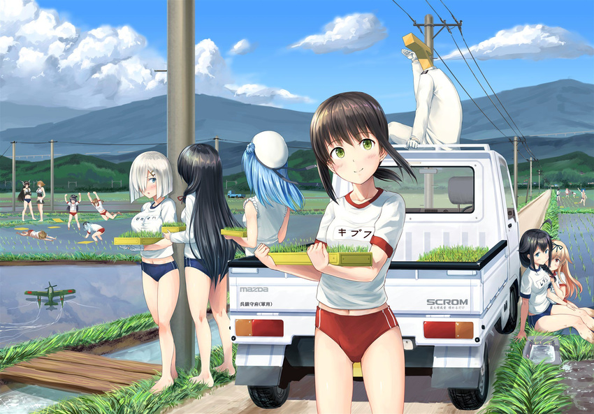 6+girls admiral_(kantai_collection) ahoge akatsuki_(kantai_collection) alternate_costume asakaze_(kantai_collection) bare_legs barefoot black_hair blonde_hair blue_buruma blue_eyes blurry breasts brown_hair buruma character_name character_request cloud commentary_request crops crossed_arms day depth_of_field dirty double_bun fubuki_(kantai_collection) full_body gloves grass green_eyes ground_vehicle gym_uniform hair_flaps hamakaze_(kantai_collection) harukaze_(kantai_collection) hat hibiki_(kantai_collection) highres ichikawa_feesu ikazuchi_(kantai_collection) inazuma_(kantai_collection) isokaze_(kantai_collection) kamikaze_(kantai_collection) kantai_collection large_breasts light_smile long_hair looking_at_another looking_at_viewer matsukaze_(kantai_collection) mazda medium_breasts midriff military military_uniform motor_vehicle mountain multiple_girls mutsu_(kantai_collection) nagato_(kantai_collection) outdoors peaked_cap red_buruma remodel_(kantai_collection) rice_paddy road shigure_(kantai_collection) shirt short_hair short_ponytail sidelocks sitting sky small_breasts smile standing t-head_admiral thighs truck uniform urakaze_(kantai_collection) water white_gloves white_hat white_shirt yuudachi_(kantai_collection)