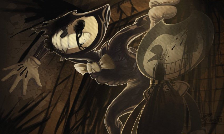 1boy bendy bendy_and_the_ink_machine bowtie creepy demon gloves ink monster no_humans teeth