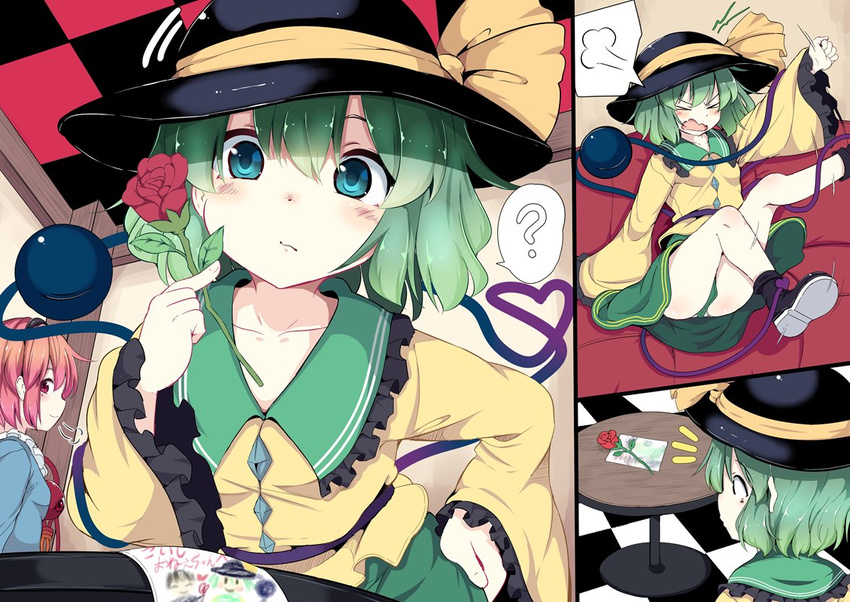 &gt;_&lt; 2girls 3koma =3 ? bangs black_footwear black_hat blue_eyes blush bow checkered checkered_floor closed_eyes closed_mouth collarbone comic commentary_request couch flower frilled_sleeves frills green_eyes green_skirt hair_between_eyes hand_on_hip hat hat_bow heart heart_of_string holding holding_flower indoors komeiji_koishi komeiji_satori lolimate long_sleeves motion_lines multiple_girls notice_lines open_mouth panties pantyshot pantyshot_(sitting) pink_eyes pink_hair rose shoes short_hair sitting skirt smile spoken_question_mark table tantrum third_eye touhou underwear white_panties wide_sleeves yellow_bow