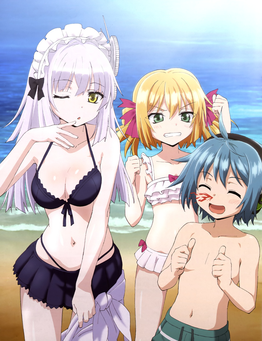 2girls absurdres angry bikini blood breasts cleavage clockwork_planet highres jealous large_breasts long_hair marie_bell_breguet miura_naoto multiple_girls nosebleed official_art one_eye_closed ryuzu_(clockwork_planet) short_hair small_breasts swimsuit thumbs_up