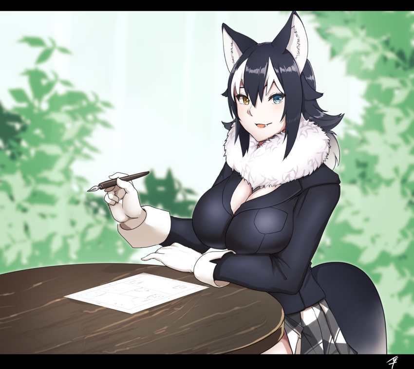 animal_ears black_hair blue_eyes breasts commentary_request fang fur_collar gloves grey_wolf_(kemono_friends) hayabusa heterochromia kemono_friends large_breasts long_hair long_sleeves looking_at_viewer multicolored_hair necktie open_mouth paper pen skirt table two-tone_hair wolf_ears yellow_eyes
