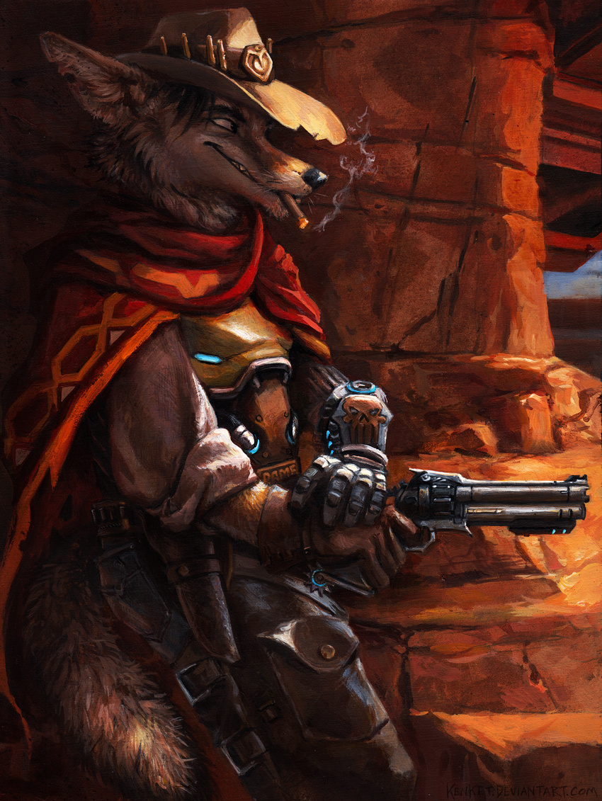 2017 action_pose anthro black_nose brown_fur canine cigar clothed clothing cowboy_hat coyote cybernetics cyborg fur gloves gun handgun hat holster inner_ear_fluff kenket long_mouth machine male mammal mcree notched_ear overwatch poncho ranged_weapon revolver shirt side_view smoking solo video_games weapon whiskers white_fur