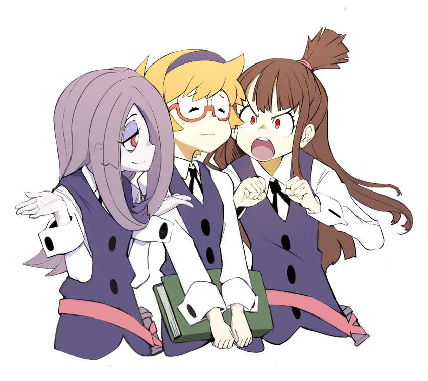 :o angry blonde_hair book brown_hair closed_eyes freckles girl_sandwich glasses hairband highres holding holding_book kagari_atsuko little_witch_academia long_hair lotte_jansson luna_nova_school_uniform momo_(higanbana_and_girl) multiple_girls open_mouth pale_skin pink_hair ponytail red_eyes sandwiched shirt short_hair shrug simple_background sucy_manbavaran upper_body v-shaped_eyebrows vest white_background