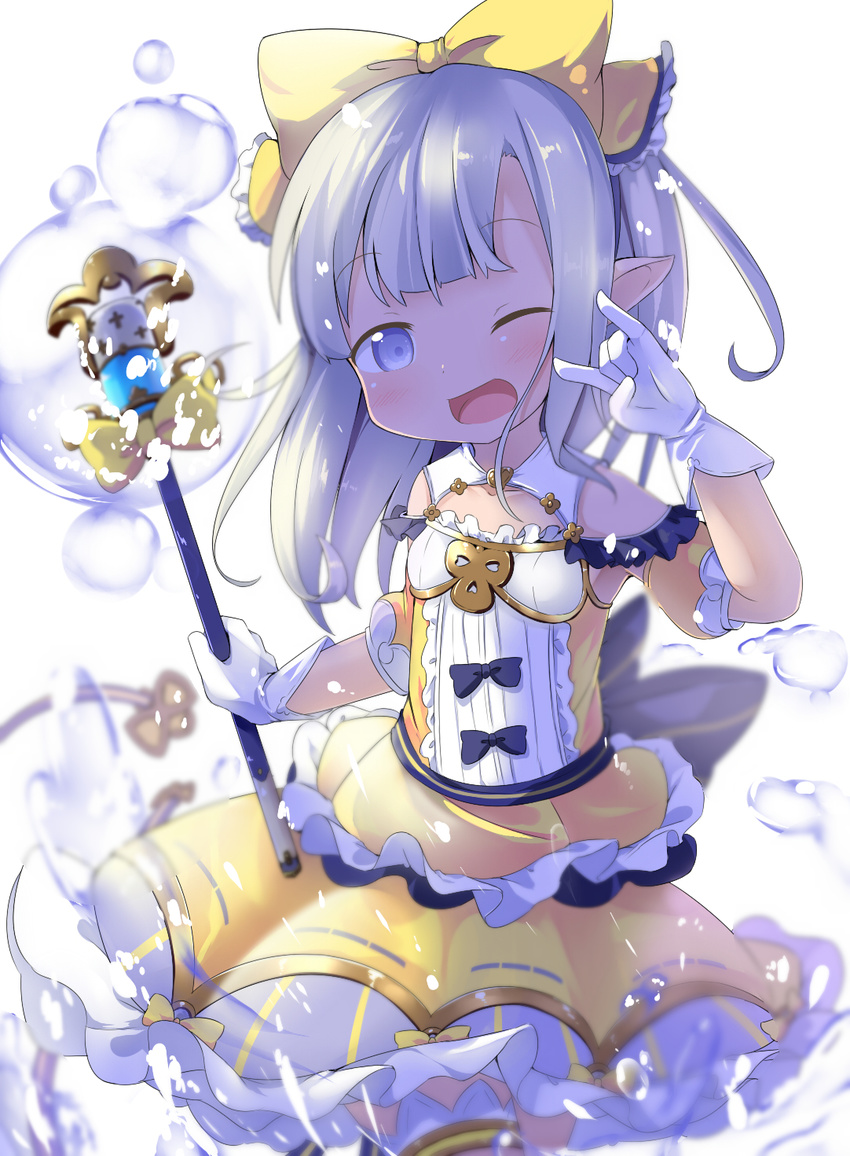 ;d \m/ bangs bare_shoulders black_bow blue_eyes blunt_bangs blurry bow collarbone cowboy_shot dress flat_chest frilled_bow frills gloves granblue_fantasy hair_bow hand_up harvin highres holding holding_wand large_bow layered_skirt lilele_(granblue_fantasy) long_hair looking_at_viewer magical_girl makuran one_eye_closed open_mouth pointy_ears shiny shiny_hair short_sleeves shoulder_cutout silver_hair simple_background skirt smile solo standing tareme thighhighs wand white_background white_gloves yellow_bow yellow_skirt zettai_ryouiki