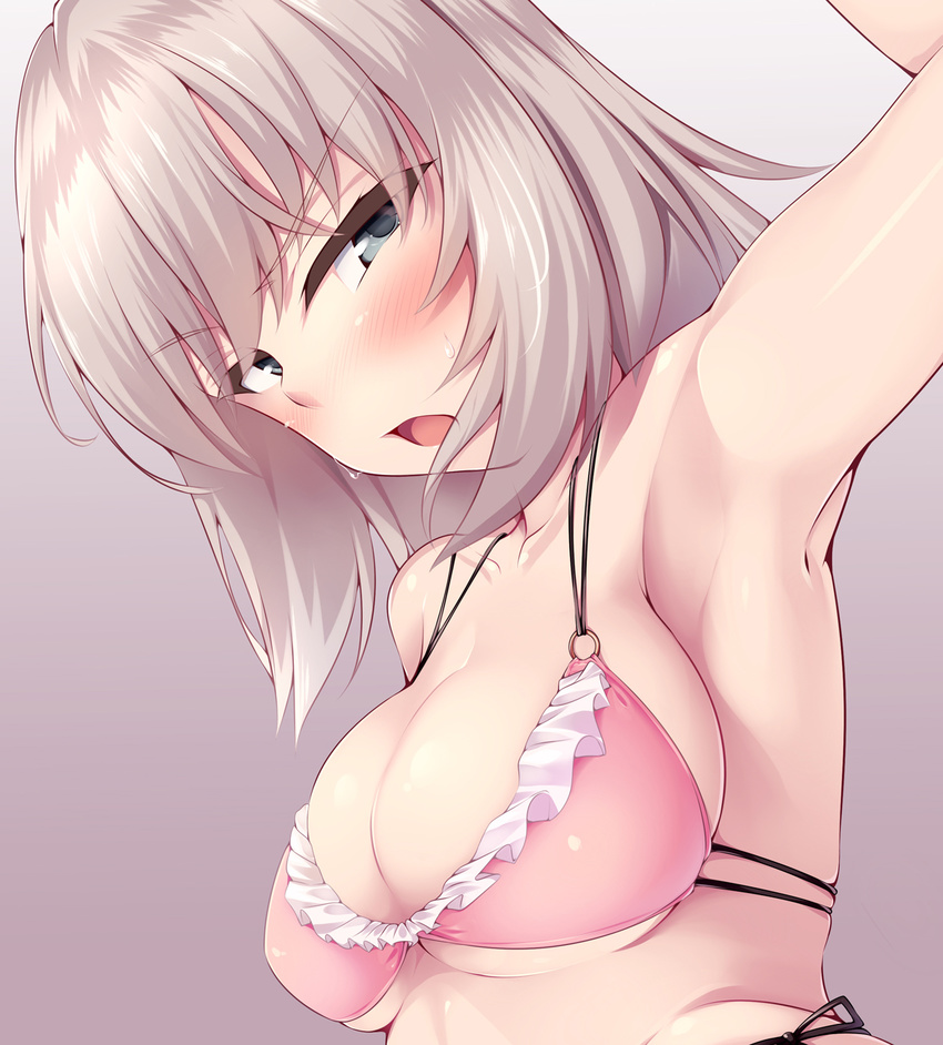 armpits arms_up bad_id bad_pixiv_id blush breasts girls_und_panzer grey_eyes highres itsumi_erika looking_back medium_breasts nksk open_mouth solo swimsuit