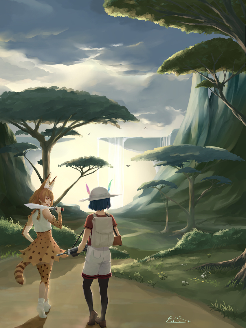 animal_ears artist_name backpack bag bird black_gloves black_hair black_legwear blonde_hair boots brown_eyes brown_footwear bush cloud day eiri_su elbow_gloves from_behind gloves grass gun hat hat_feather helmet high-waist_skirt highres holding holding_gun holding_weapon kaban_(kemono_friends) kemono_friends looking_to_the_side machete multiple_girls open_mouth outdoors pantyhose path pith_helmet red_shirt rifle road serval_(kemono_friends) serval_ears serval_print serval_tail shadow shirt shoes short_hair short_sleeves shorts signature skirt sky sleeveless sleeveless_shirt standing striped_tail sunset tail thighhighs tree water waterfall weapon white_footwear white_shirt white_shorts