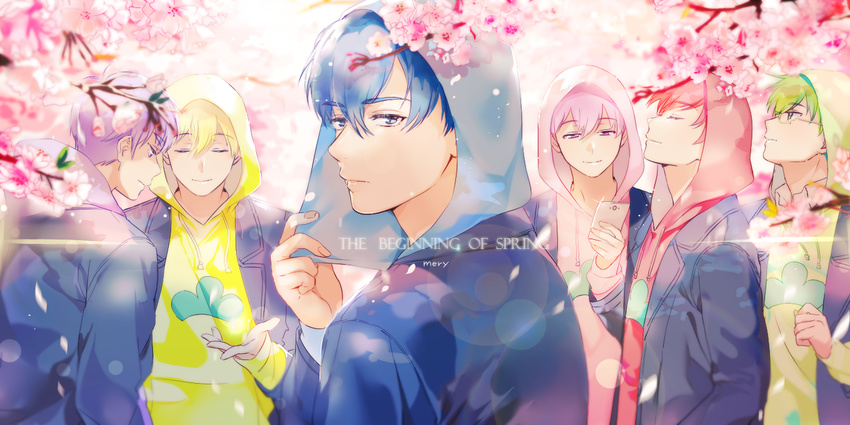 bad_id bad_pixiv_id blonde_hair blue_eyes blue_hair brothers cherry_blossoms closed_eyes english f6 glasses green_eyes green_hair hood hoodie looking_back male_focus matsuno_choromatsu matsuno_ichimatsu matsuno_juushimatsu matsuno_karamatsu matsuno_osomatsu matsuno_todomatsu mery_(apfl0515) multiple_boys osomatsu-kun osomatsu-san petals pink_eyes pink_hair purple_eyes purple_hair red_hair sextuplets siblings smile