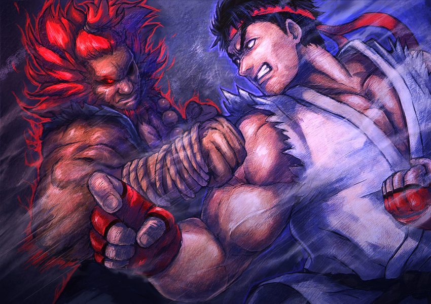 aura battle black_sclera dark_skin dark_skinned_male dougi duel fighting_stance glowing glowing_eye gouki headband long_hair male_focus messy_hair multiple_boys muscle nobubu punching red_eyes red_hair ryuu_(street_fighter) street_fighter street_fighter_v topknot