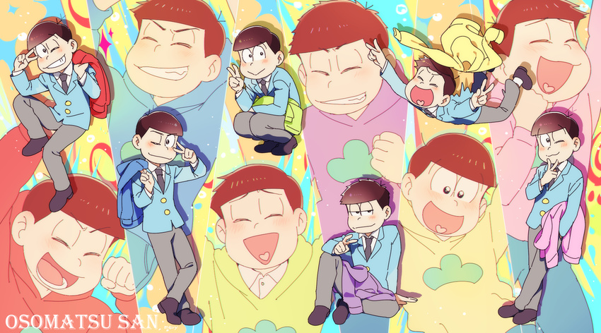 :&gt; ;3 ^_^ artist_name bad_id bad_pixiv_id brothers brown_eyes brown_hair closed_eyes copyright_name double_v formal grin highres hood hoodie male_focus matsuno_choromatsu matsuno_ichimatsu matsuno_juushimatsu matsuno_karamatsu matsuno_osomatsu matsuno_todomatsu mery_(apfl0515) multiple_boys necktie open_mouth osomatsu-kun osomatsu-san sextuplets siblings sitting smile squatting suit v