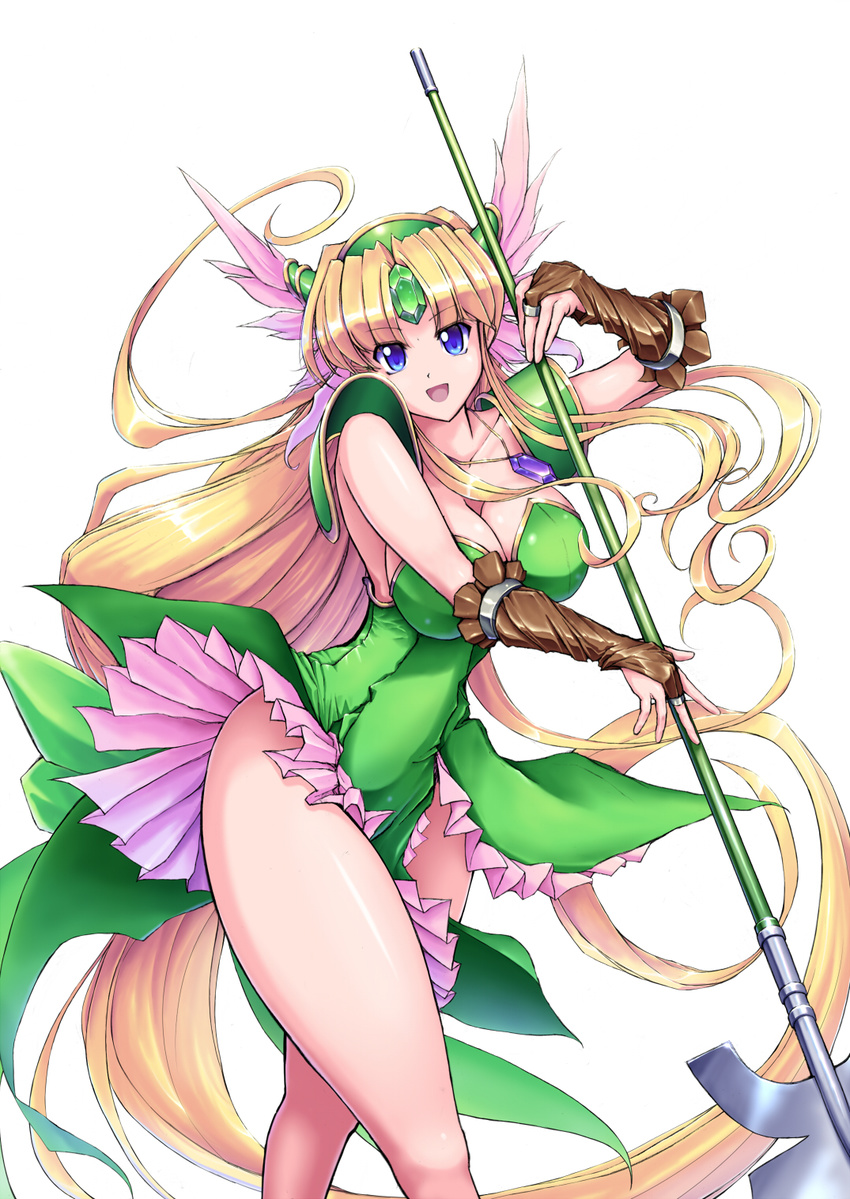 :d absurdly_long_hair blonde_hair blue_eyes breasts bridal_gauntlets cleavage collarbone commentary_request cowboy_shot dress forehead_jewel frilled_dress frills green_dress helmet highres holding holding_weapon jewelry large_breasts long_hair looking_at_viewer low-tied_long_hair open_mouth pauldrons pelvic_curtain pendant polearm raochuu riesz seiken_densetsu seiken_densetsu_3 sidelocks simple_background smile solo spear strapless strapless_dress thighs tube_dress very_long_hair weapon white_background winged_helmet