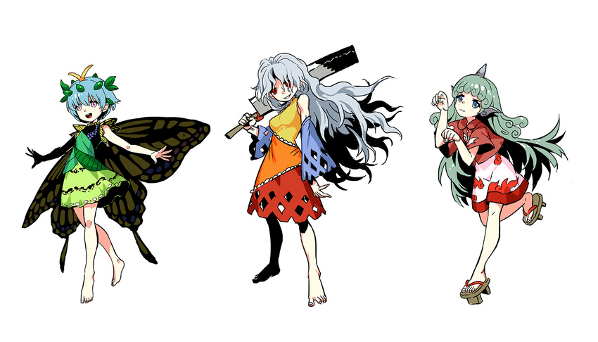 :3 antennae aqua_hair bare_shoulders barefoot blouse blue_eyes blush breasts butterfly_wings cleaver curly_hair detached_sleeves eternity_larva full_body geta grey_hair hair_ornament hidden_star_in_four_seasons highres horn kariyushi_shirt komano_aun leaf_hair_ornament long_hair looking_at_viewer medium_breasts multiple_girls open_mouth outstretched_arms over_shoulder paw_pose pink_eyes pointy_ears red_eyes sakata_nemuno seeker shirt short_hair shorts simple_background sketch skirt smile standing touhou weapon weapon_over_shoulder white_background wings