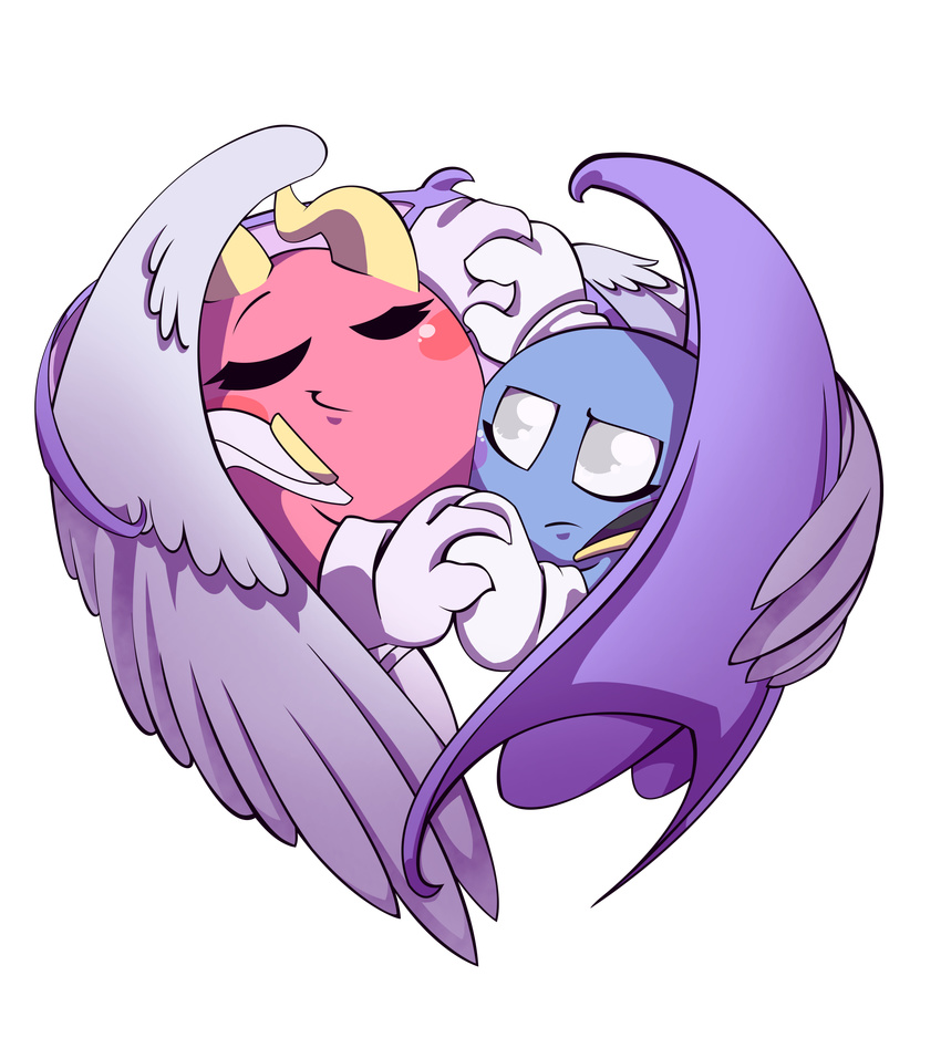 alpha_channel blue_skin eyes_closed feathered_wings feathers female frown galacta_knight grey_eyes hand_holding kirby_(series) male membranous_wings meta_knight nintendo pink_skin rosy_cheeks smile smirk theakanemnon video_games wavy_horn wings