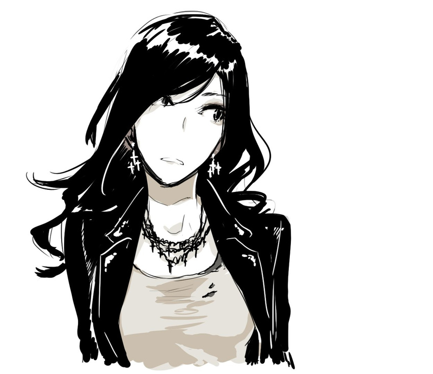 black_jacket commentary_request cross cross_earrings earrings frown greyscale jacket jewelry leather leather_jacket long_hair looking_to_the_side monochrome necklace open_clothes open_jacket original poaro shirt simple_background sketch solo upper_body wavy_hair white_background