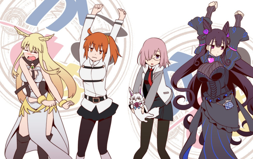 1boy 3girls ahoge amamiya_sora arms_up bag blonde_hair blush bracelet breasts commentary crying curly_hair dancing dress fate/grand_order fate_(series) fou_(fate/grand_order) fujimaru_ritsuka_(female) glasses handbag head_wings hood jewelry jitome kayano_ai kono_subarashii_sekai_ni_shukufuku_wo! large_breasts long_dress mash_kyrielight multiple_girls murasaki_shikibu_(fate) ono_misao orange_hair pantyhose parody purple_hair seiyuu_connection side_ponytail takahashi_rie thighhighs thrud_(fate/grand_order) tomorrow_(konosuba) valkyrie_(fate/grand_order)