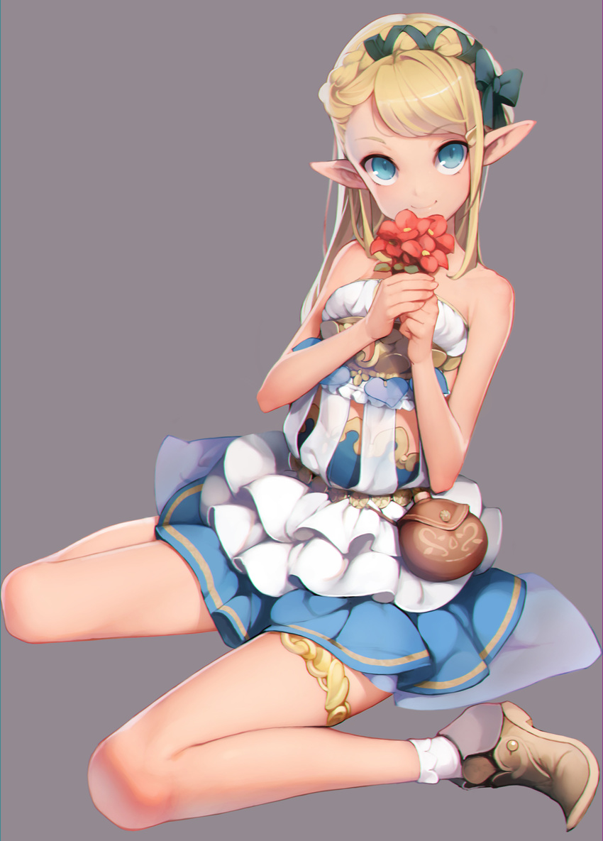ataruman bangs bare_arms bare_shoulders blonde_hair blue_bow blue_ribbon bow braid breasts brown_footwear canteen closed_mouth crown_braid dress elf eyebrows_visible_through_hair fantasy flower frilled_dress frills full_body hair_bow hair_ribbon highres holding holding_flower long_hair looking_at_viewer original own_hands_together pointy_ears pointy_shoes red_flower ribbon see-through shiny shiny_hair shoes short_dress simple_background sitting small_breasts smile socks solo strapless strapless_dress swept_bangs thighlet w_arms wariza white_legwear