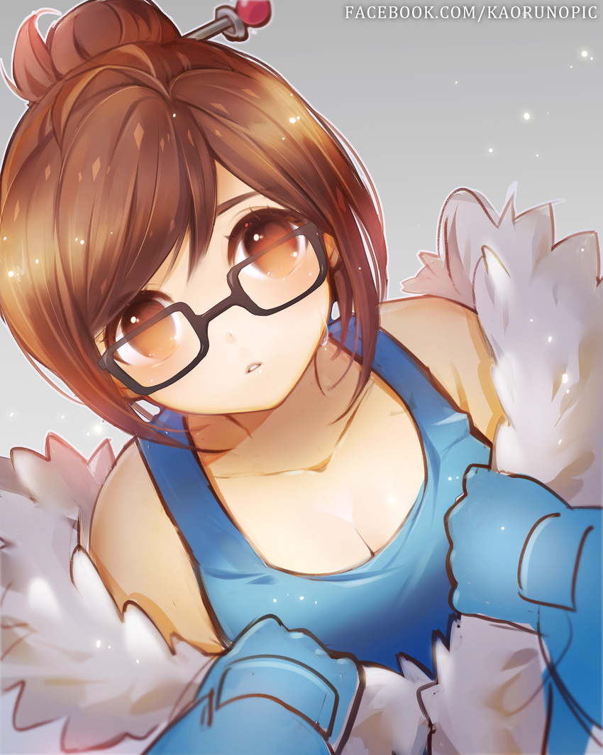 atobesakunolove black-framed_eyewear blue_gloves blue_shirt breasts brown_eyes brown_hair cleavage coat collarbone commentary_request dutch_angle facebook_username fur-trimmed_jacket fur_coat fur_trim glasses gloves grey_background hair_bun hair_ornament hair_stick highres jacket jacket_pull looking_at_viewer medium_breasts mei_(overwatch) off_shoulder overwatch shirt sketch snowflake_hair_ornament solo tank_top upper_body watermark web_address winter_clothes winter_coat