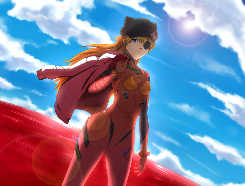 animal_ears animal_hat arm_at_side backlighting badge bangs black_hat blue_eyes blue_sky bodysuit bracer breasts breeze_(wcf) button_badge cabbie_hat closed_mouth cloud day dutch_angle evangelion:_3.0_you_can_(not)_redo eyepatch fake_animal_ears floating_hair frown gloves hair_between_eyes hat hat_ornament highres hips holding holding_jacket jacket jacket_over_shoulder jacket_removed lcl legs_apart lens_flare long_hair long_sleeves looking_at_viewer neon_genesis_evangelion number open_clothes open_jacket orange_hair outdoors over_shoulder pilot_suit plugsuit rebuild_of_evangelion red_bodysuit red_jacket serious shikinami_asuka_langley single_vertical_stripe sky small_breasts solo souryuu_asuka_langley standing sun tape track_jacket turtleneck very_long_hair