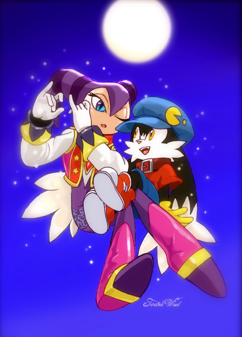 ambiguous_gender anthro black_fur blue_eyes clothing crossover duo footwear fur gloves hi_res humanoid klonoa klonoa_(series) lagomorph long_ears male mammal moon night nightmaren nights nights_into_dreams rabbit signature twistedterra video_games white_fur yellow_eyes