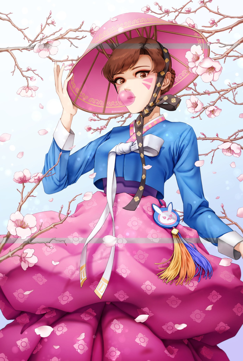 alternate_costume alternate_hairstyle bangs braid brown_eyes brown_hair bubble_blowing cherry_blossoms chewing_gum cowboy_shot d.va_(overwatch) day eyeliner facepaint facial_mark fingernails floral_print flower french_braid hair_bun hanbok hand_on_headwear hat highres korean_clothes lips long_fingernails long_sleeves looking_at_viewer makeup mascara multicolored multicolored_stripes nail_polish nose outdoors overwatch palanquin_d.va parted_lips petals pink_lips pink_nails pink_skirt ribbon short_hair skirt solo standing striped striped_sleeves tassel teeth tree_branch upper_teeth whisker_markings white_ribbon zerozero