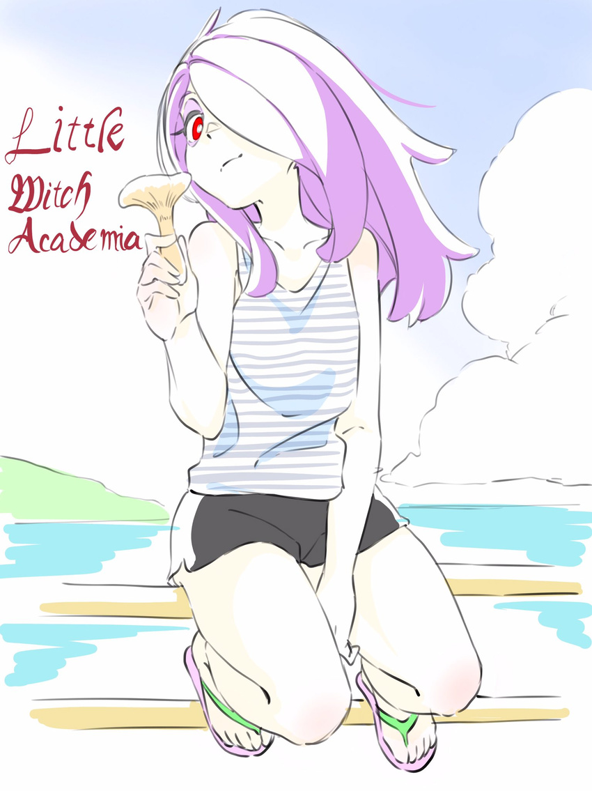 alternate_costume collarbone copyright_name hair_over_one_eye highres holding kengo little_witch_academia long_hair mushroom pink_hair red_eyes short_shorts shorts sitting slippers solo sucy_manbavaran tank_top