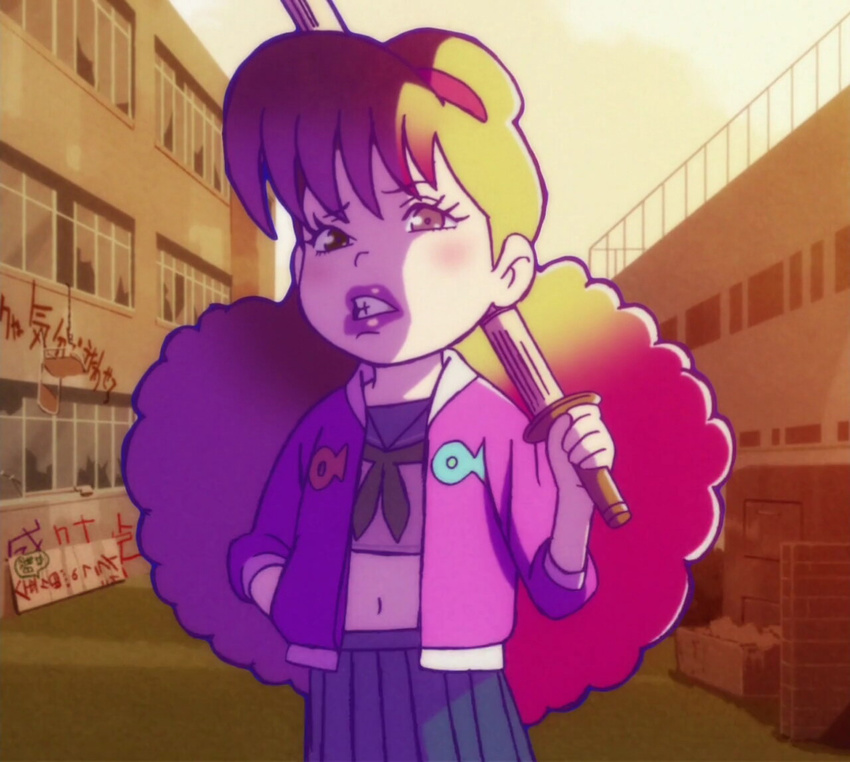 1girl bokken looking_at_viewer multicolored_hair osomatsu-san screencap skirt solo yowai_totoko