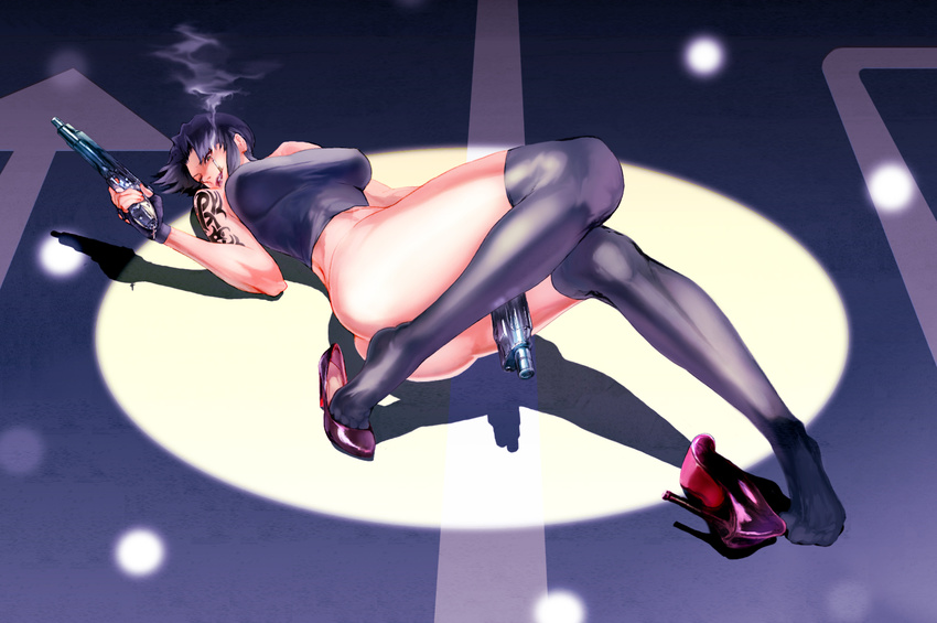 ass black_hair black_lagoon bottomless breasts brown_eyes cigarette convenient_leg dual_wielding fingerless_gloves gloves gun handgun high_heels holding large_breasts looking_at_viewer lying no_panties pistol ponytail revy_(black_lagoon) road shadow shoe_dangle shoe_removed shoes single_shoe smoking solo spotlight tank_top tattoo thighhighs weapon youken