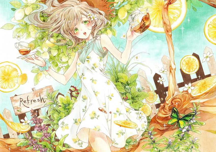blue_sky blush brown_hair bug butterfly day dekitani dress fence floral_print flower food fruit green_eyes hair_flower hair_ornament hat insect lemon lemon_slice open_mouth original outdoors picket_fence pitcher plant pouring sign sky standing straw_hat sun_hat tea white_dress wooden_fence wristband