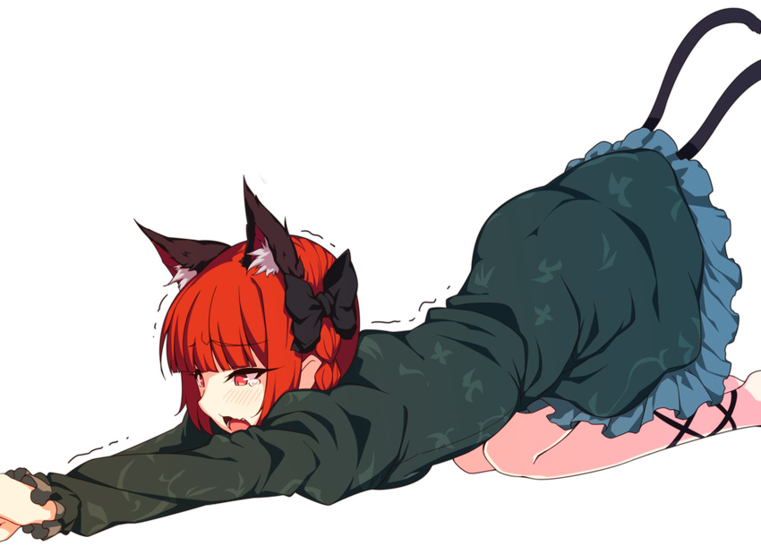 all_fours animal_ears ass bangs black_bow blunt_bangs blush bow braid cat_ears cat_tail dress eyebrows_visible_through_hair feet_out_of_frame green_dress hair_bow kaenbyou_rin kaiza_(rider000) long_hair long_sleeves multiple_tails open_mouth red_eyes red_hair solo stretch tail tears top-down_bottom-up touhou transparent_background trembling
