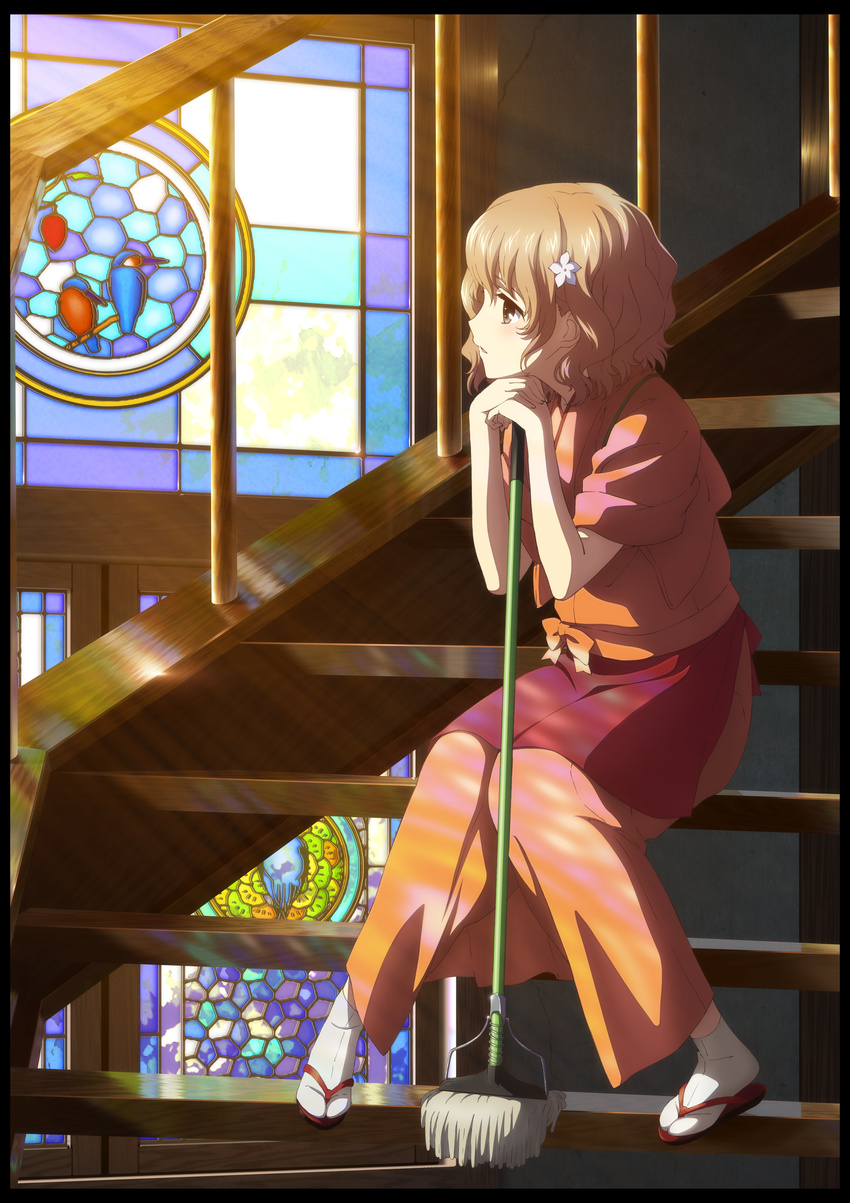 absurdres apron brown_eyes chin_rest flower hair_flower hair_ornament hanasaku_iroha highres holding indoors japanese_clothes kimono light_brown_hair matsumae_ohana red_apron short_hair sitting socks solo stairs white_flower white_legwear