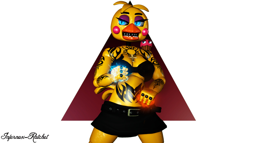 3d_(artwork) absurd_res alpha_channel angry animatronic avian beak bird bra breasts chicken cleavage clothed clothing cupcake_(fnaf) digital_media_(artwork) eyelashes eyeshadow five_nights_at_freddy's five_nights_at_freddy's_2 glowing glowing_eyes hi_res infernox-ratchet jewelry machine magic makeup necklace non-mammal_breasts robot simple_background skirt slit_pupils source_filmmaker tattoo teeth toy_chica_(fnaf) transparent_background tribal_tattoo underwear video_games yellow_skin