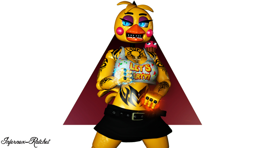 3d_(artwork) absurd_res alpha_channel angry animatronic avian beak bird breasts chicken cleavage clothed clothing cupcake_(fnaf) digital_media_(artwork) eyelashes eyeshadow five_nights_at_freddy's five_nights_at_freddy's_2 glowing glowing_eyes hi_res infernox-ratchet jewelry machine magic makeup necklace non-mammal_breasts robot shirt simple_background skirt slit_pupils source_filmmaker tank_top tattoo teeth toy_chica_(fnaf) transparent_background tribal_tattoo video_games yellow_skin