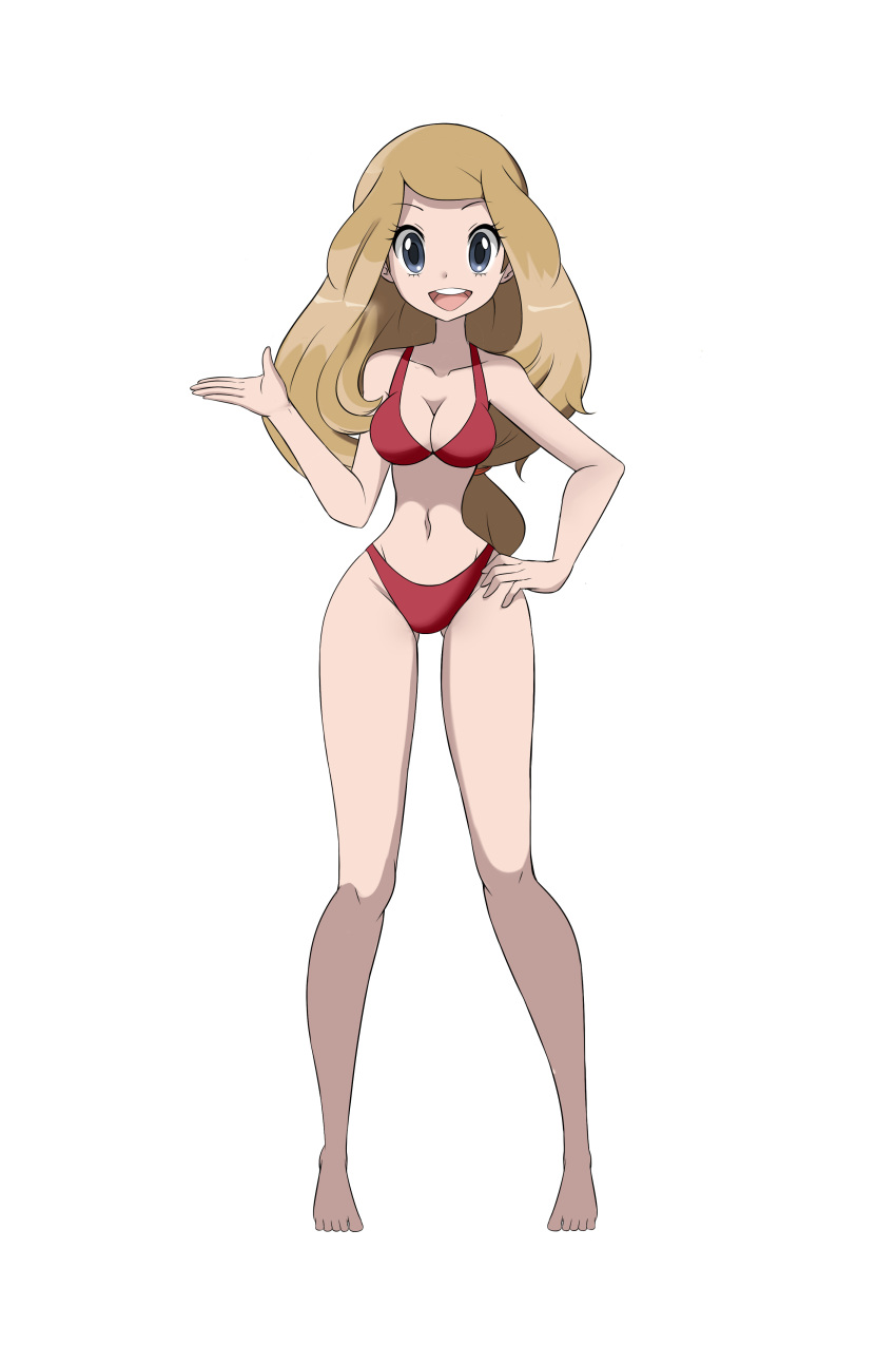 1girl bare_arms bare_legs barefoot bra breasts brown_hair cleavage collarbone creatures_(company) full_body game_freak grey_eyes hand_on_hip legs long_hair looking_at_viewer medium_breasts navel nintendo open_mouth panties pokemon pokemon_(game) pokemon_xy red_bra red_panties serena_(pokemon) simple_background smile solo standing toes tongue underwear underwear_only upper_teeth white_background wide_hips zanatemx