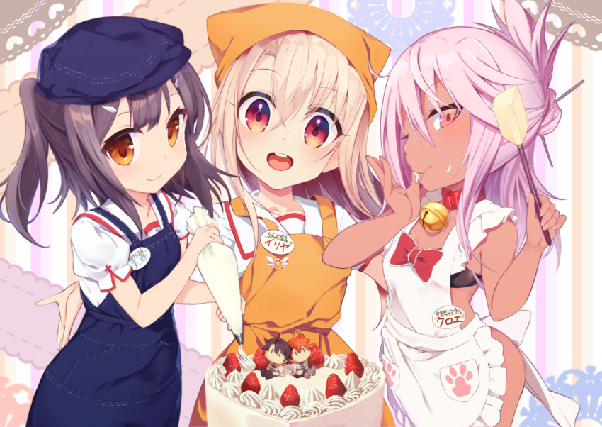 3girls apron bandanna bell bell_collar black_bra black_hair blue_apron blue_hat blush bow bra breasts brown_eyes cake chloe_von_einzbern collar cosplay dark_skin fate/grand_order fate/kaleid_liner_prisma_illya fate_(series) finger_licking food fruit fujimaru_ritsuka_(female) fujimaru_ritsuka_(male) hair_ornament hairclip hairpin half_updo hat hips illyasviel_von_einzbern jingle_bell licking long_hair looking_at_viewer miyu_edelfelt multiple_girls one_eye_closed open_mouth orange_apron orange_eyes p_answer pastry_bag paw_print pink_hair puffy_short_sleeves puffy_sleeves red_bow red_eyes shirt short_sleeves sidelocks small_breasts smile spatula strawberry tamamo_(fate)_(all) tamamo_cat_(fate) tamamo_cat_(fate)_(cosplay) twintails underwear white_apron white_hair white_shirt