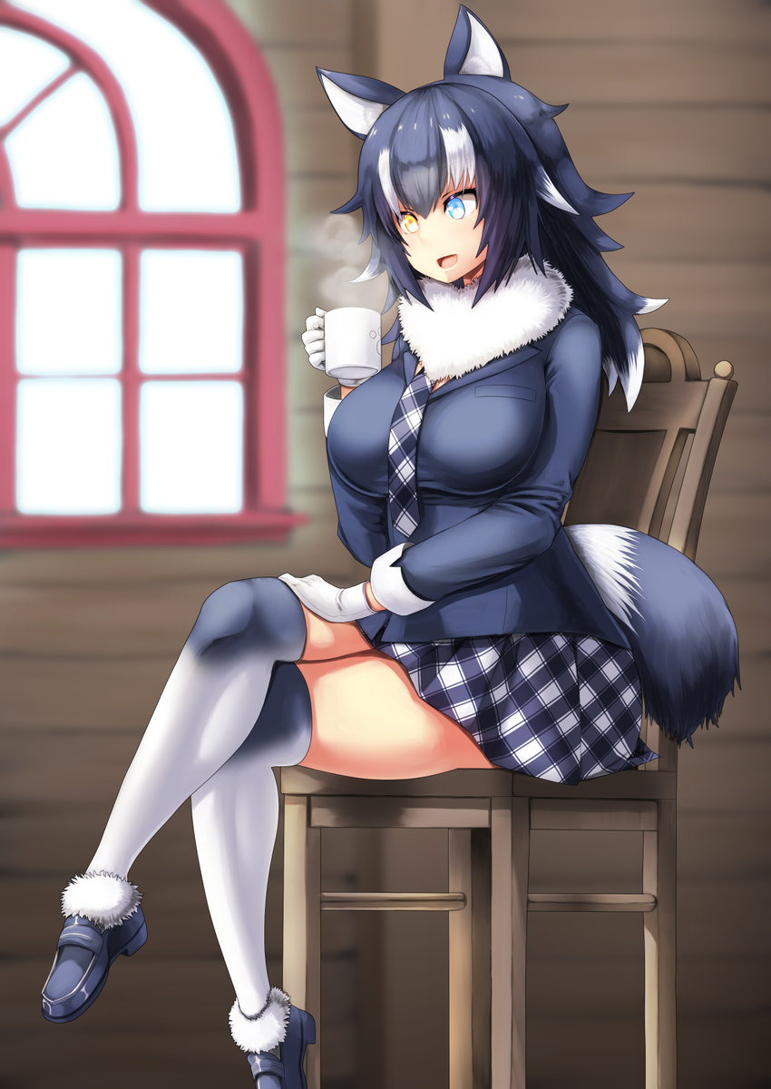 :d animal_ears bangs black_hair black_jacket blue_eyes blurry breasts chair commentary_request crossed_legs cup depth_of_field from_side fur_collar fur_trim galerie grey_wolf_(kemono_friends) heterochromia highres jacket kemono_friends kneehighs large_breasts loafers long_hair long_sleeves mug multicolored_hair necktie open_mouth plaid plaid_neckwear plaid_skirt shoes sitting skirt smile solo tail two-tone_hair white_hair wolf_ears wolf_tail yellow_eyes