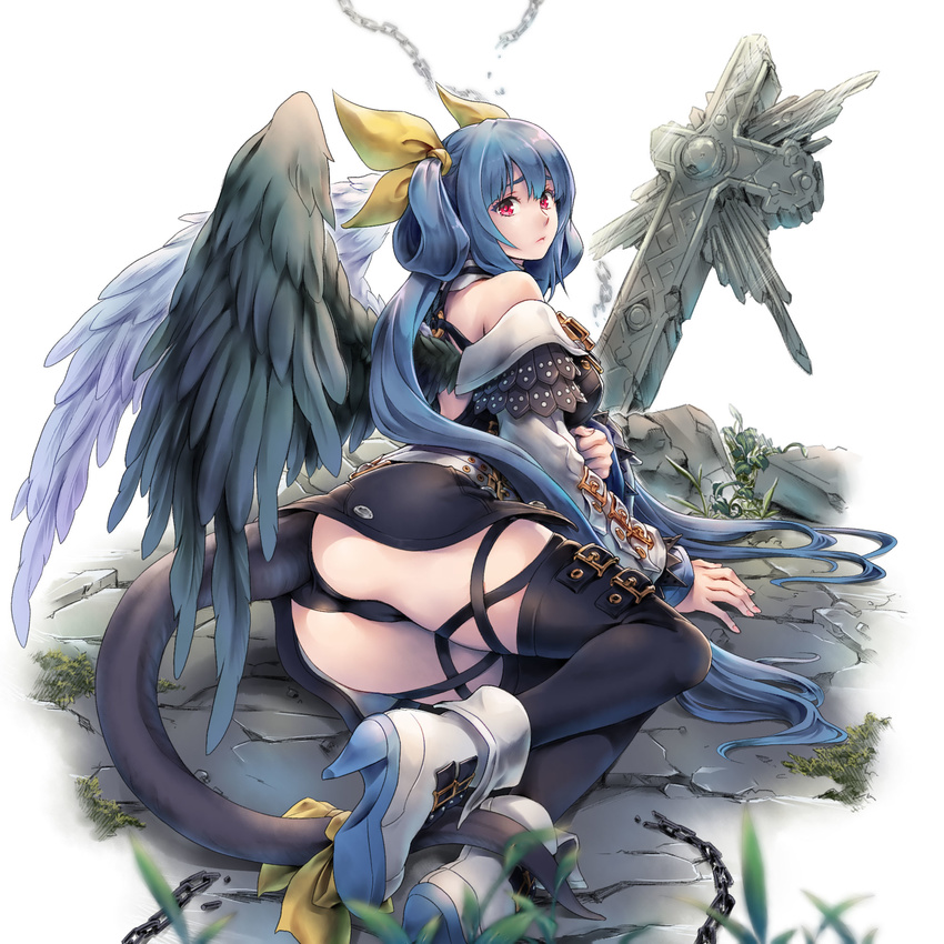 arm_support ass bare_shoulders blue_hair cameltoe chain cross detached_collar dizzy guilty_gear high_heels highres long_hair looking_at_viewer lying on_side red_eyes ribbon tail tail_ribbon thigh_strap thighhighs tombstone toshi wings