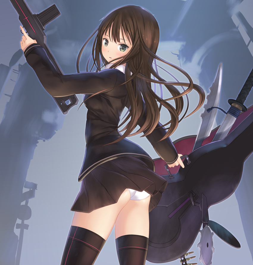 ass bangs black_legwear black_skirt blush brown_hair cardigan commentary_request from_side green_eyes guitar_case gun highres holding holding_gun holding_weapon idolmaster idolmaster_cinderella_girls instrument_case katana long_hair looking_at_viewer looking_back panties pantyshot pantyshot_(standing) parted_lips pleated_skirt rifle shibuya_rin skirt solo standing sword thighhighs thighs tougetsu_gou underwear weapon white_panties