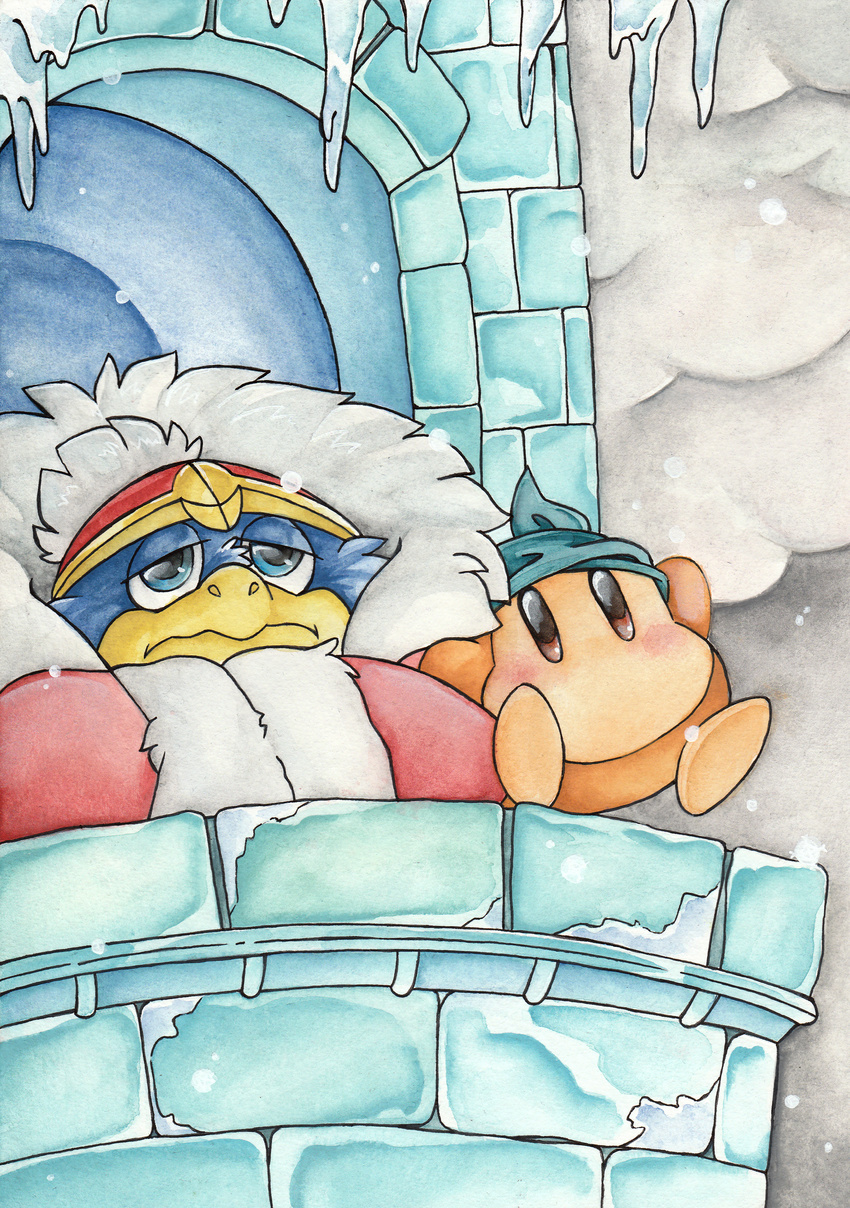 ambiguous_gender avian bandana_waddle_dee bird blue_eyes blue_fur brown_eyes cloud coat duo frown fur ice king_dedede kirby_(series) nintendo orange_body overcast penguin sky snow theakanemnon traditional_media_(artwork) video_games waddling_head